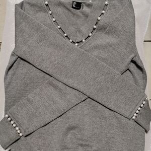 Love Token Gray V-Neck Sweater with Pearl Details